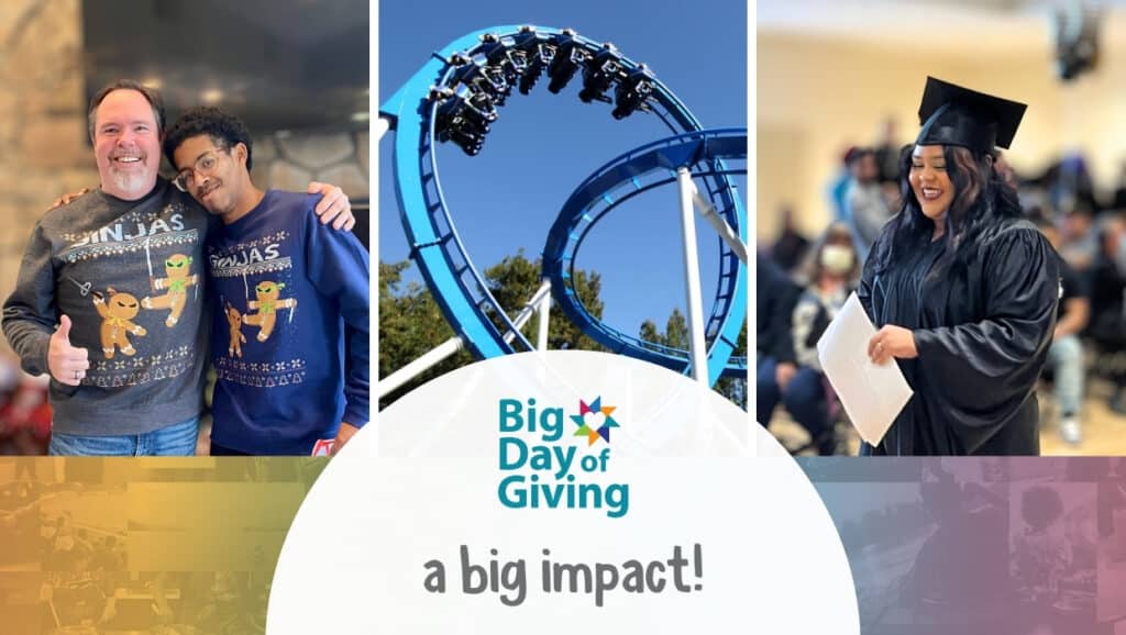3 photos featuring a male mentoring match with arms on shoulders, a roller coaster, and young woman graduating