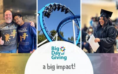 3 photos featuring a male mentoring match with arms on shoulders, a roller coaster, and young woman graduating