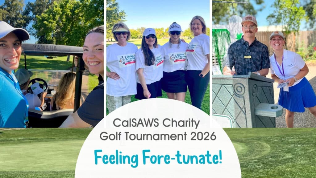 Three images: Aging UP Founder and staff smiling on a golf cart, four ladies in matching t-shirts, golf emcee's