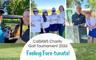 Three images: Aging UP Founder and staff smiling on a golf cart, four ladies in matching t-shirts, golf emcee's