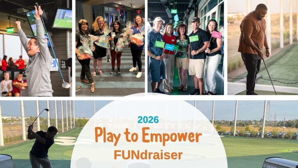 Various images of people enjoying Play to Empower: man with club and arms in the air, four ladies holding raffle baskets, group shot with Adventure Flags, man about to swing.