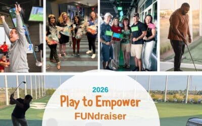 Various images of people enjoying Play to Empower: man with club and arms in the air, four ladies holding raffle baskets, group shot with Adventure Flags, man about to swing.